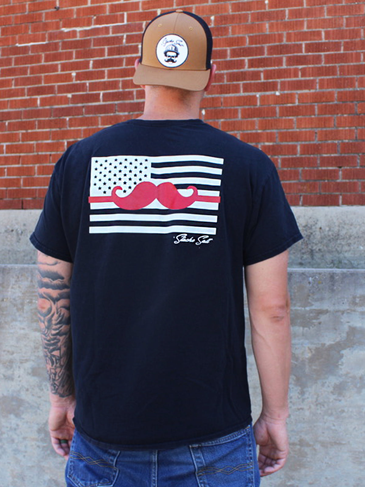 Red Thin &#39;Stache Line Tee